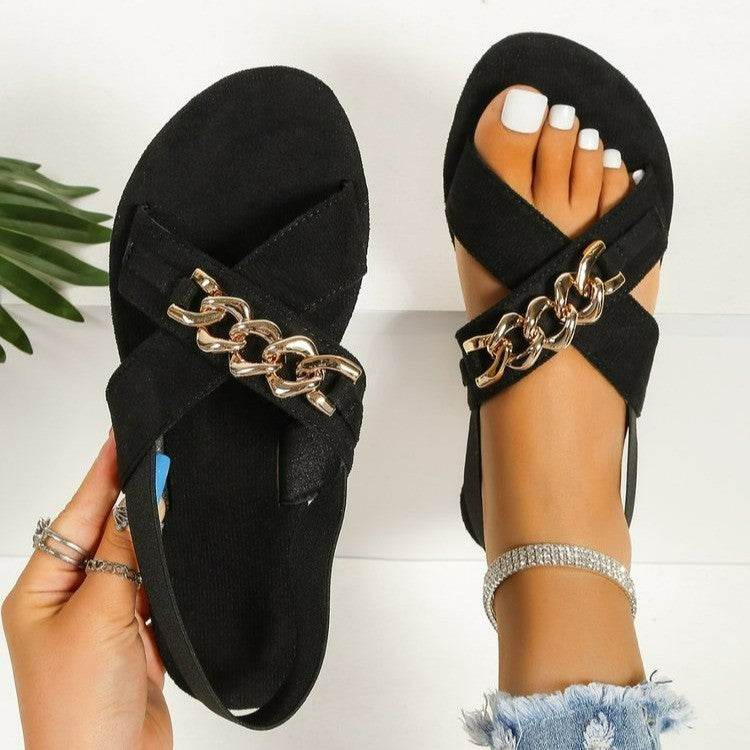 Chains Sandals Summer Outdoor Flat Shoes Elasticated Open Toe Slides Beach Shoes - Mubimart