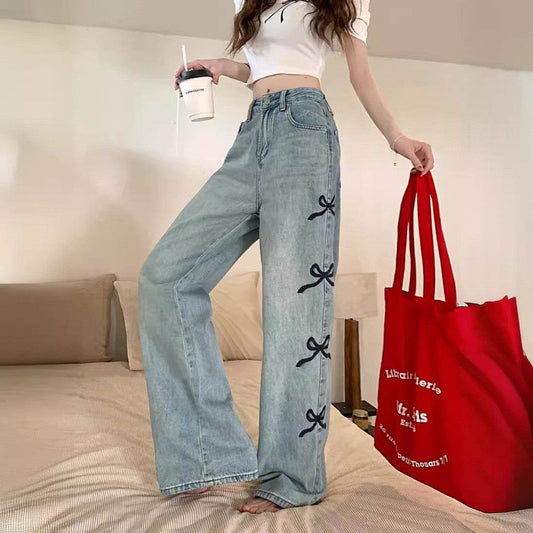 Butterfly Embroidered Jeans Wide-leg Pants For Women - Mubimart