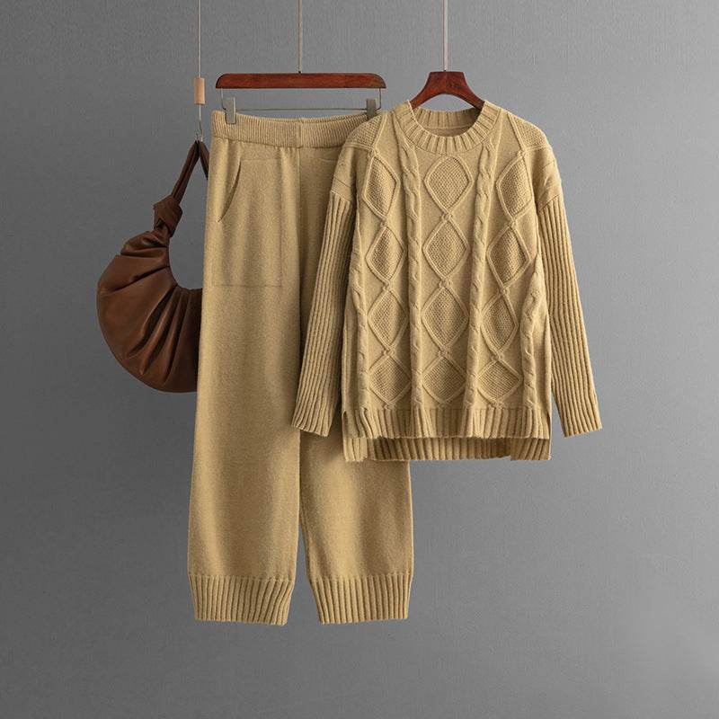 Plus Size Women's Clothing Cable-knit Pullover Sweater Suit - Mubimart
