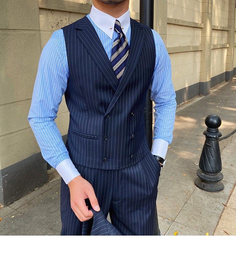 Men's Striped Suit Vest Italian Style Neapolitan Double Breasted Lapel Vest