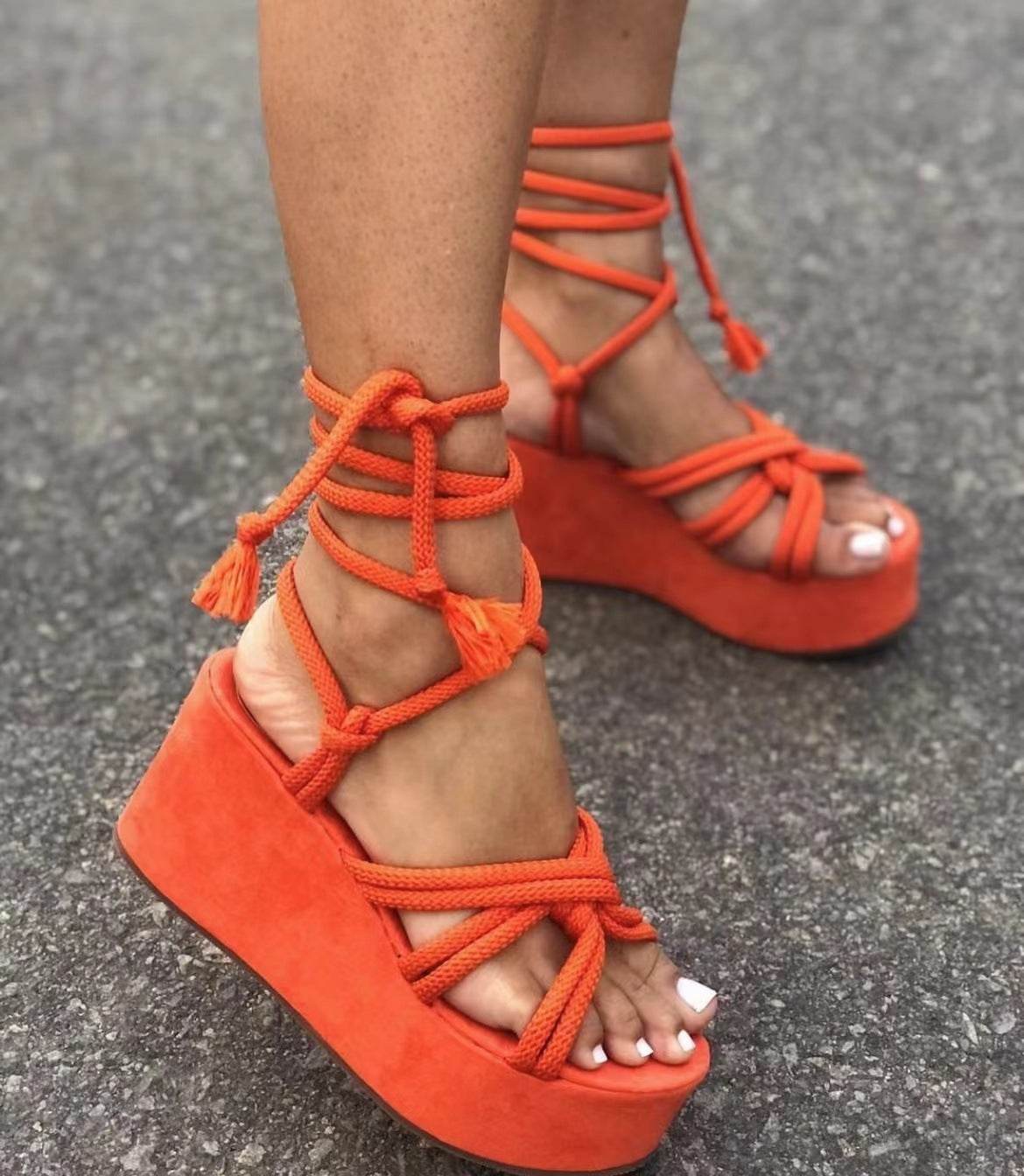 Summer Women Wedges Shoes High Heel Strappy Sandals - Mubimart