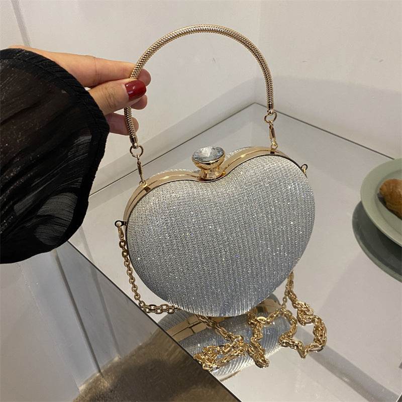 Evening Clutch Bag Women Bag Shiny Handbag Heart Shape Metal Clutches Bag Fashion Chain Shoulder Crossbody Bag Luxury Lady Purse Valentines Day Outfit - Mubimart
