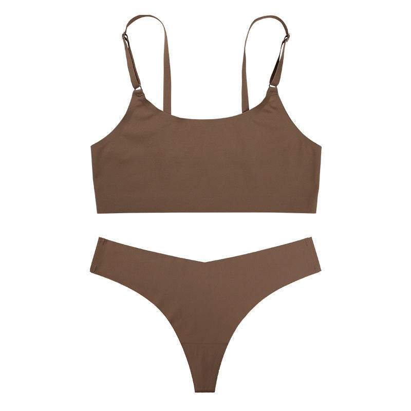 Women Seamless Bra Set Sexy Thong Low Waist Panties Wire Free Bra Bralette Lingerie Brassiere Ice Silk Female Underwear Set - Mubimart