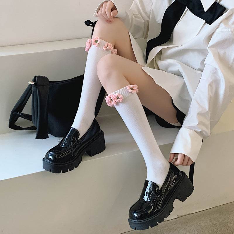 Handmade Flowers Calf Socks Women's Cotton Long Tube Internet Celebrity INS Tide High Tube JK Knee-length Calf Socks - Mubimart