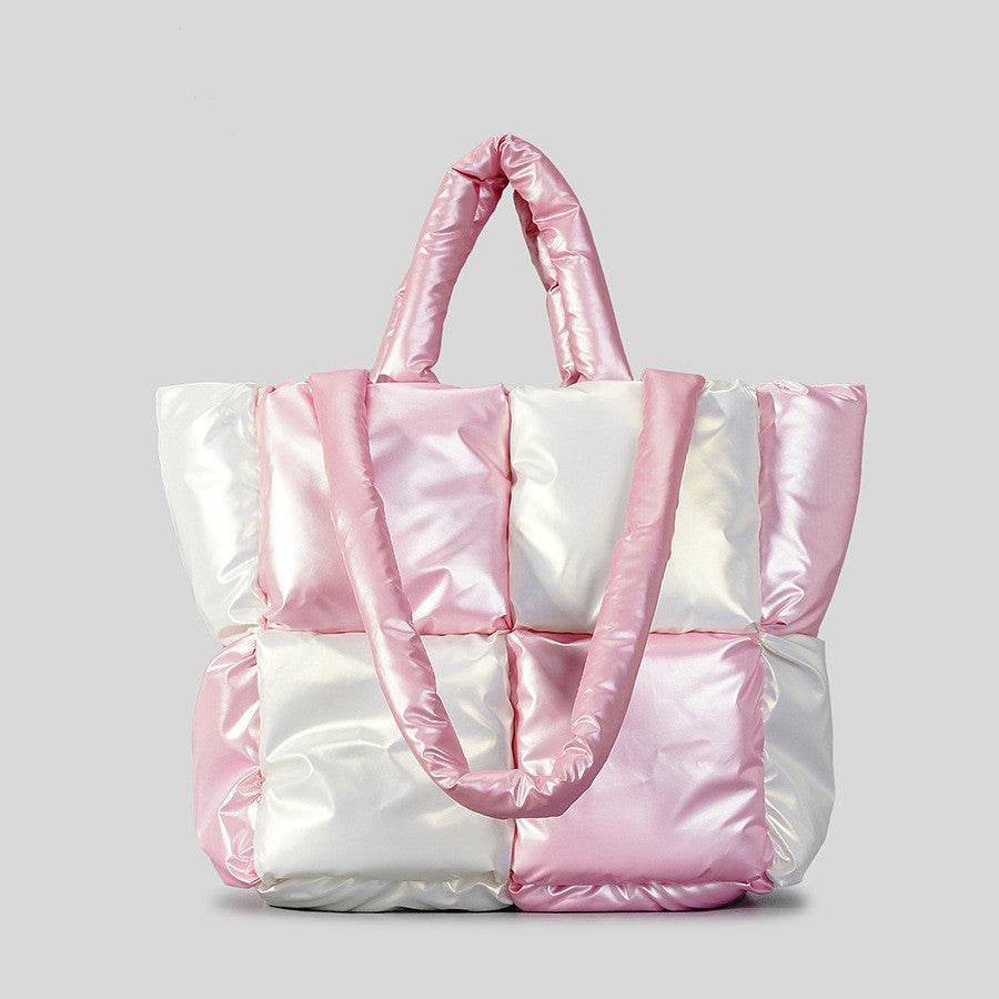 Women Handbags Winter Color Matching Down Cotton-padded Coat Tote Bag Soft Plaid Shoulder Bags - Mubimart