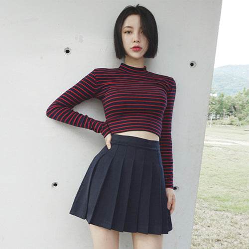 Crop Tops Women Chic All-match Classic Stripe Slim Short Bustier Crop Top Turtleneck Long Sleeved T-shirt Sexy Shirts Tee - Mubimart