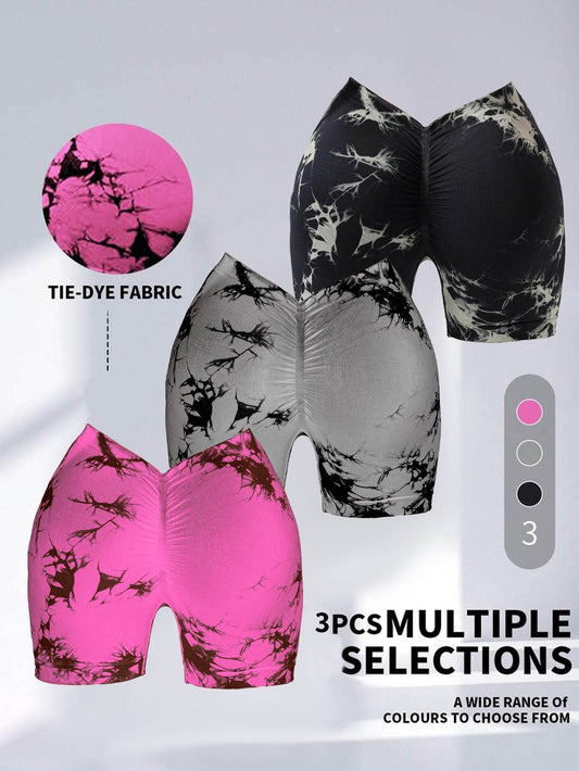 3 PACK Tie Dye Active Wear Shorts, Women Workout Shorts, High Waisted Contour Gym Yoga Biker Shorts, V Back Booty Biker Workout Gym Running Shorts - Mubimart