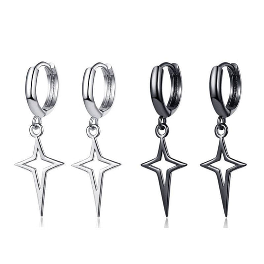 Hip Hip Men Earrings Jewelry Punk Silver Black Hollow Star Cross Pendant Small Hoop Stud Earrings For Women - Mubimart