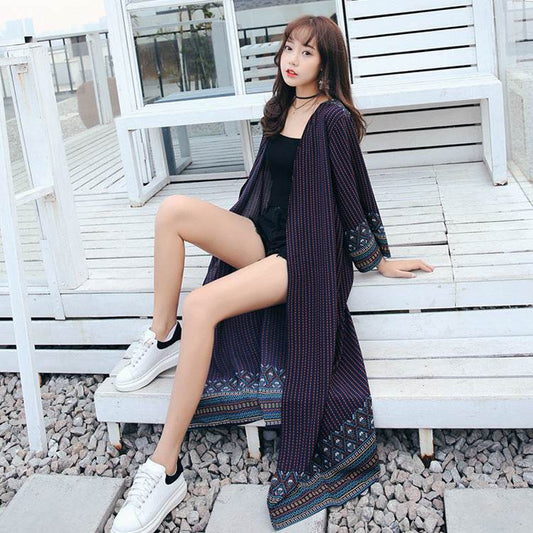 Printed outside large size chiffon cardigan female summer loose long beach sunscreen clothing thin shawl - Mubimart