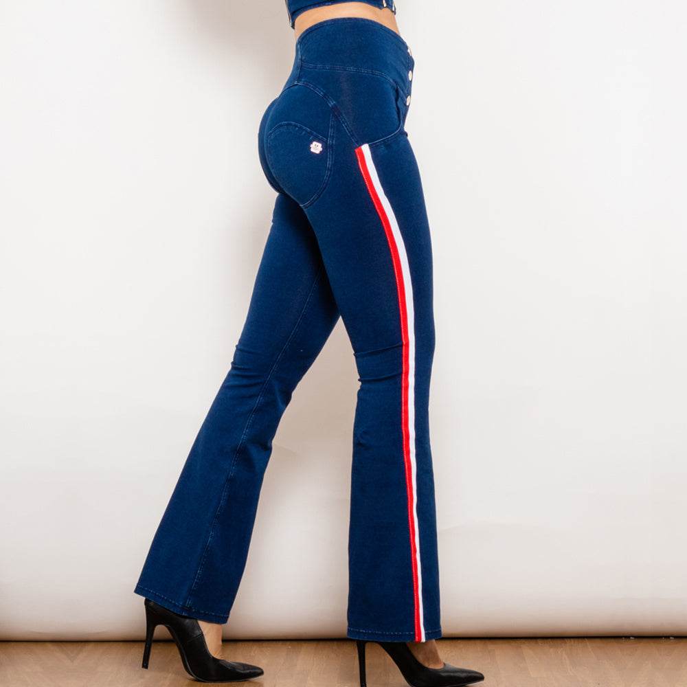 Shascullfites Melody Dark Blue Striped Flared Lift Jeggings Button Up Jeans Bum Lift Jeans High Waist Flare Jeans Women - Mubimart