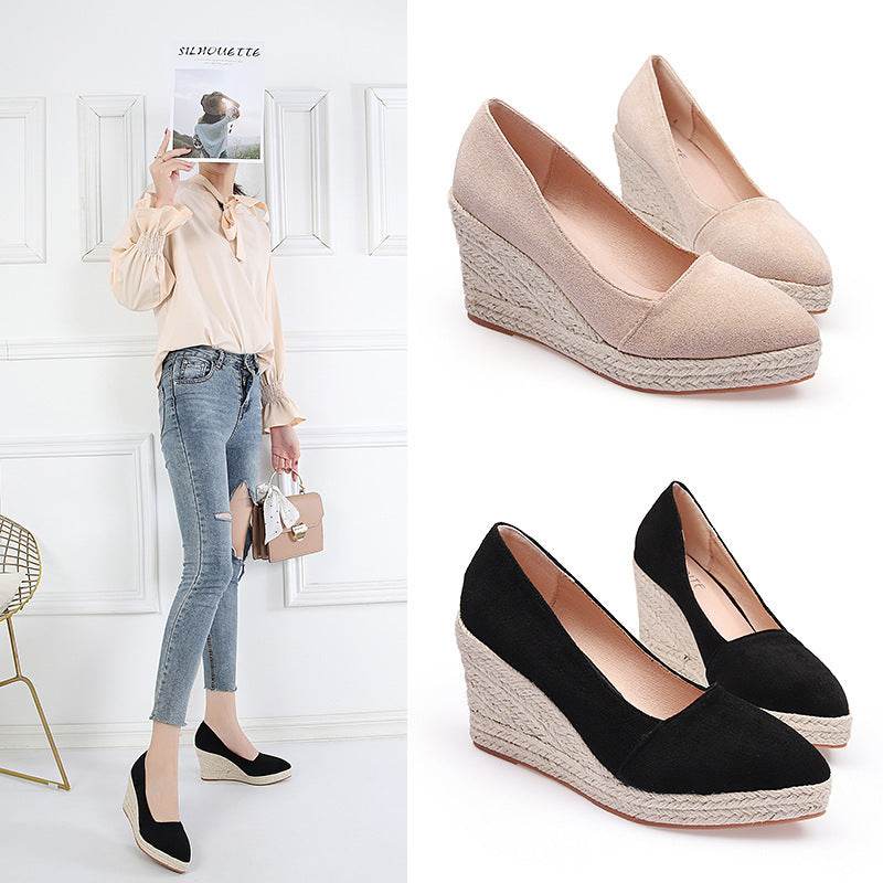 Pointed Toe Platform High Heel Work Shoes Thick Heel Straw Woven - Mubimart