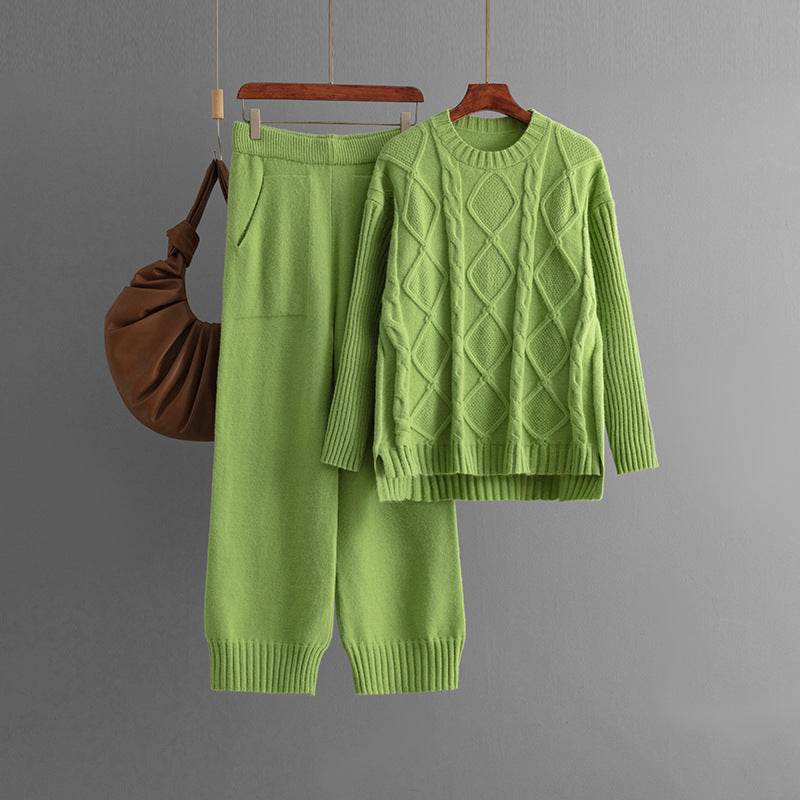 Plus Size Women's Clothing Cable-knit Pullover Sweater Suit - Mubimart