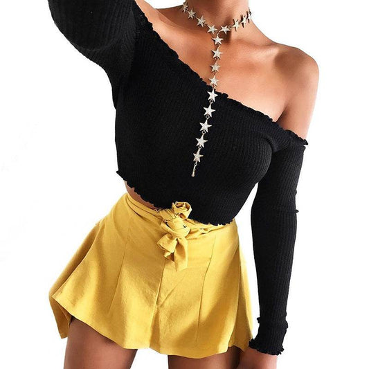 Sexy Cotton Blend Crop Top Off Shoulder Black Red Crochet Women Brandy Elegant Short Tank Crop Tops Bustier - Mubimart