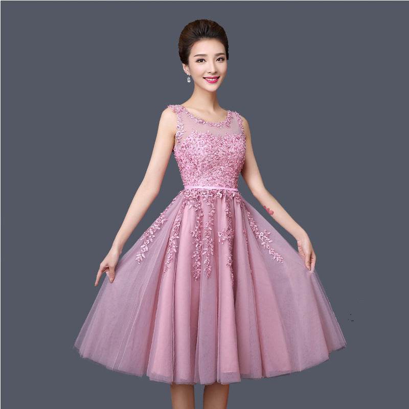 new mid-length pink evening dress banquet double shoulder graduation dress - Mubimart