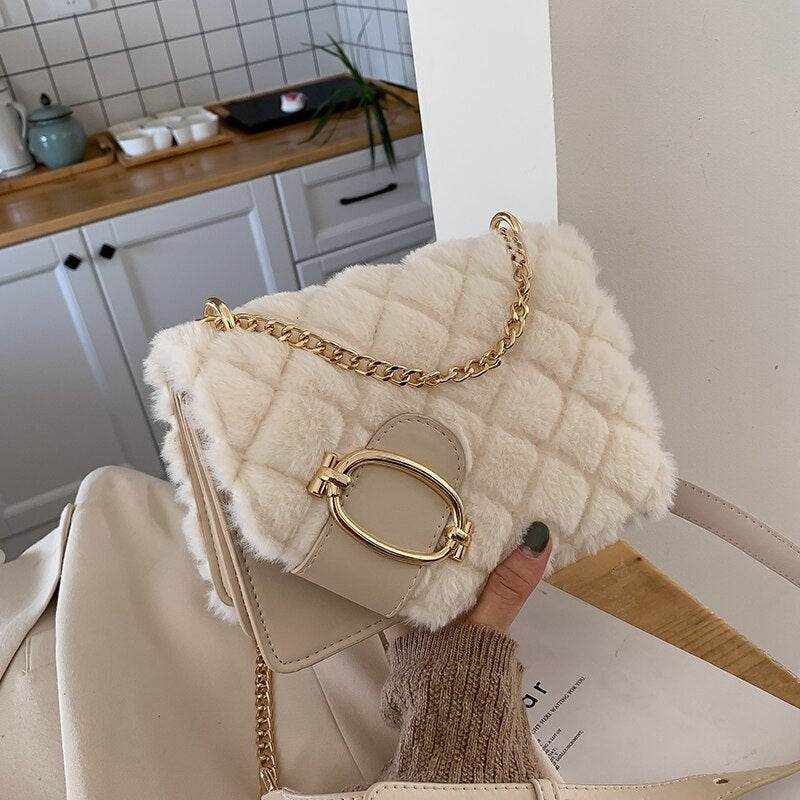 Soft Plush Ladies Square Messenger Bag Winter Female Bag Lady Designer Handbag Chain Shoulder Messenger Bag - Mubimart