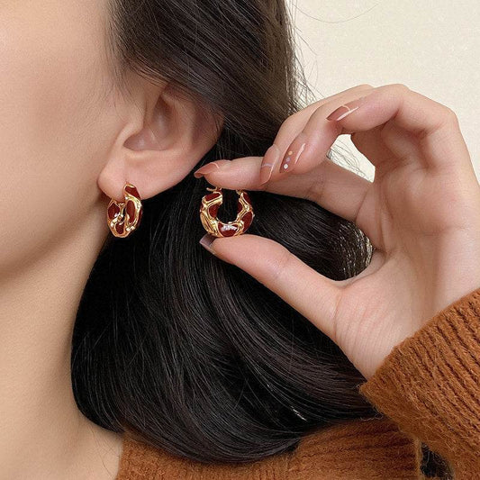 Fashion Jewelry New Trendy Enamel Color Metal Texture Small Hoop Earrings For Women Gold Plated Statement Ear Buckle Creative Jewelry Gifts - Mubimart