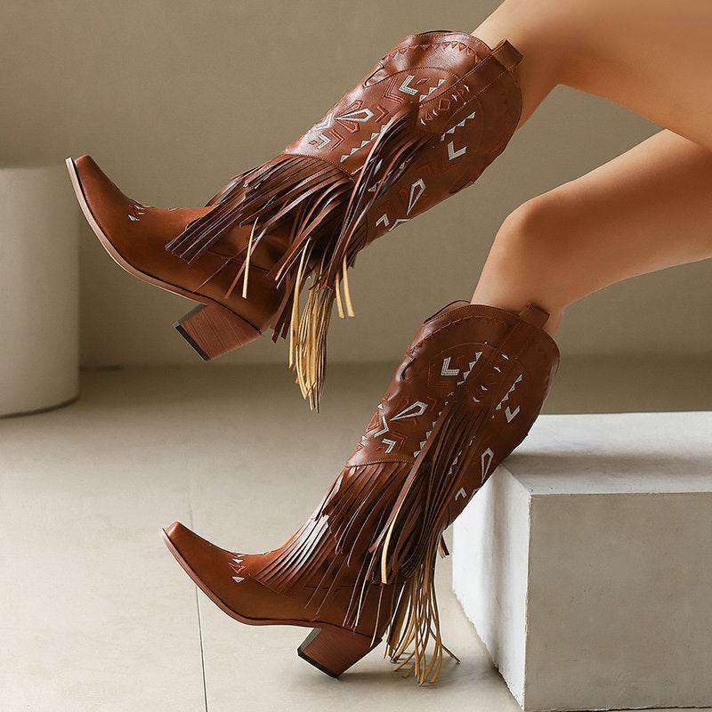 High Heel Tassel Decoration Below The Knee Western Cowboy Boot - Mubimart