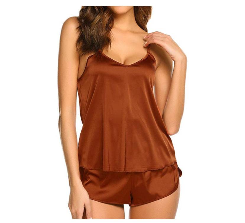 Satin pajama suit with suspenders - Mubimart