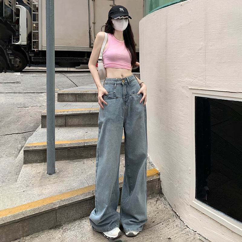 Retro Washed Loose Wide Leg Jeans For Women - Mubimart