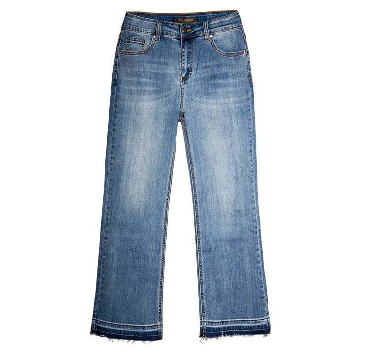 Women's Washed Elastic Loose Wide Leg Ankle-length Bootcut Jeans - Mubimart