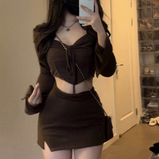 Top Long Sleeve Short Dress Young Wear Brown Two-piece Suit - Mubimart