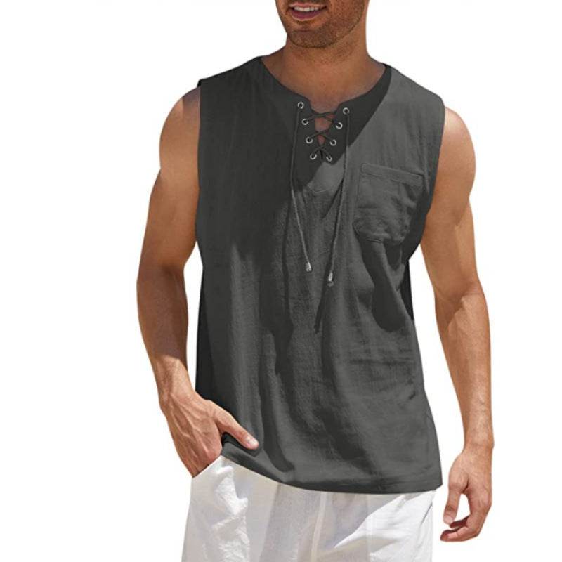 Summer Tank Vest Men Shirt Collar Tie Short Sleeve T-Shirt - Mubimart