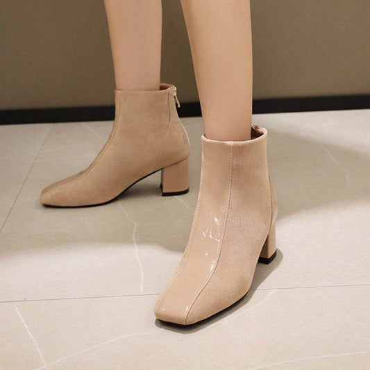 Fashion Ladies Square Toe Thick Heel Boots - Mubimart