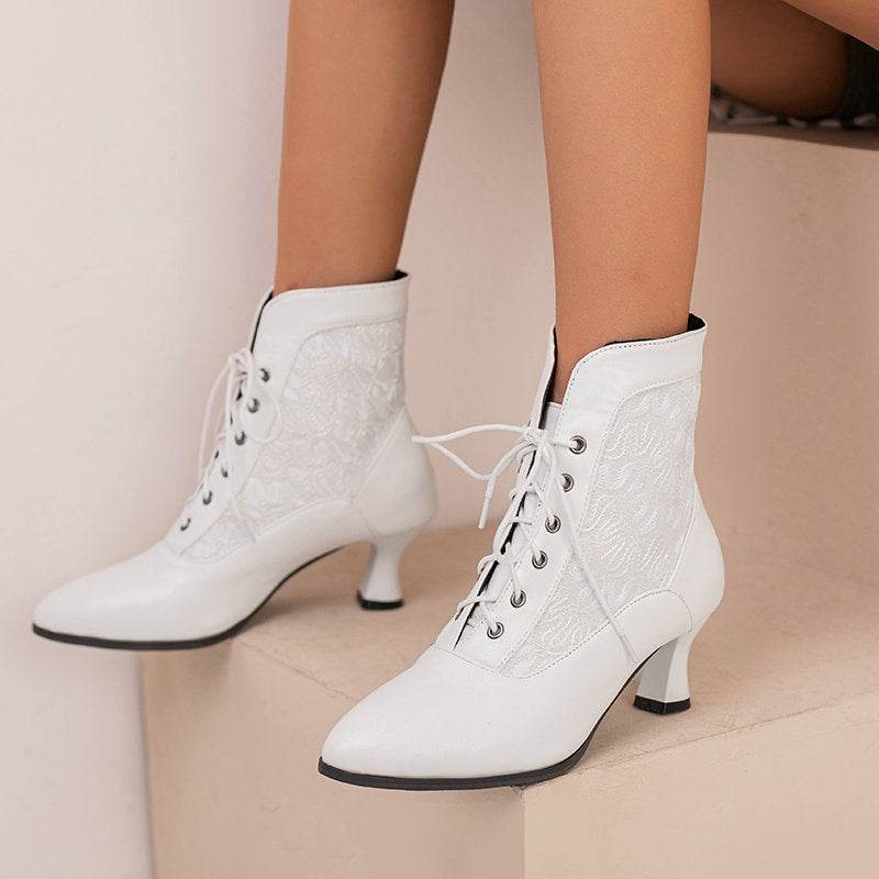 Kitten Heel Booties Women's Autumn And Winter Lace Hollow-out Front Lace-up - Mubimart