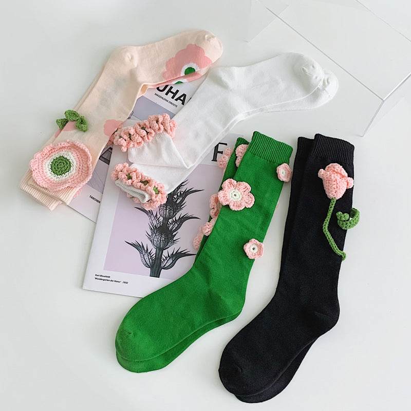 Handmade Flowers Calf Socks Women's Cotton Long Tube Internet Celebrity INS Tide High Tube JK Knee-length Calf Socks - Mubimart