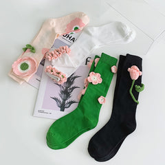 Handmade Flowers Calf Socks Women's Cotton Long Tube Internet Celebrity INS Tide High Tube JK Knee-length Calf Socks - Mubimart -  