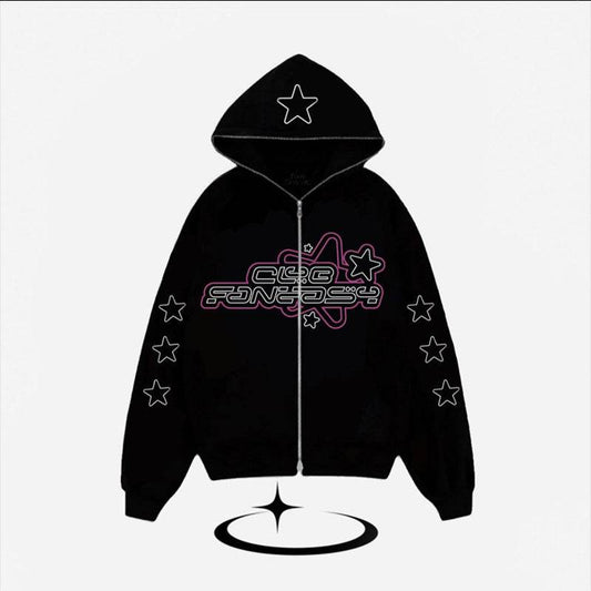 Star Printed Hooded Cardigan Loose Zip Sweater - Mubimart