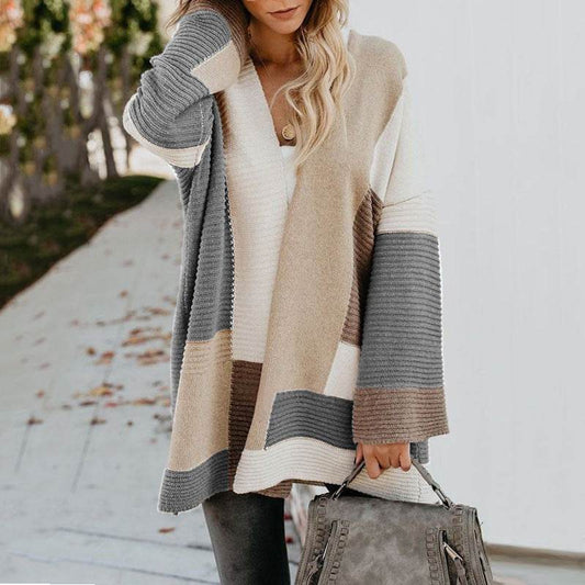 Women's Plus Size Oversized Geometric Colorblock Sweater Cardigan - Mubimart