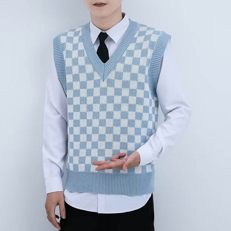 V-neck Knitted Boys' Checkered Sweater Vest - Mubimart