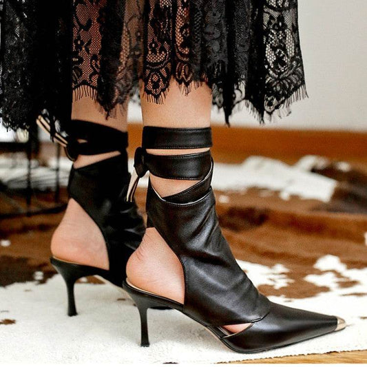Pointed Toe Stilettos Women's Shoes Sandals Metal Toe Hollow Sandals - Mubimart