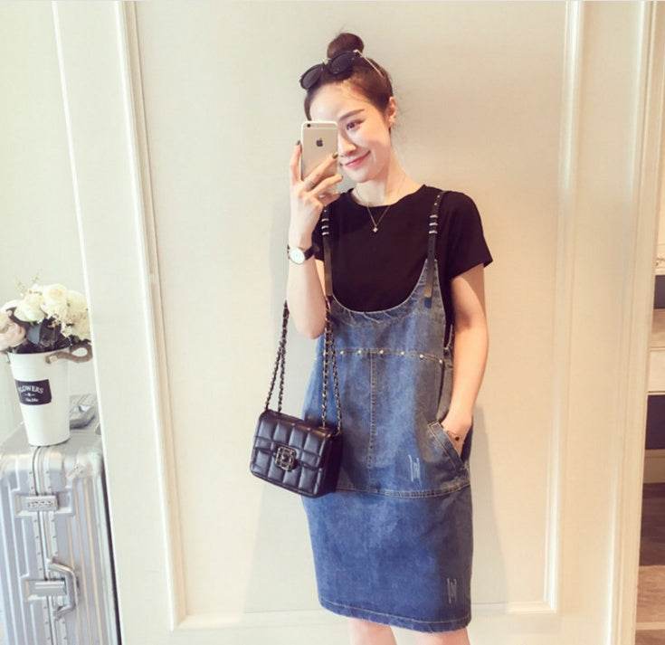 Fat mm denim strap skirt fat sister summer dress ageing gas suit large size women's slim two-piece suit - Mubimart