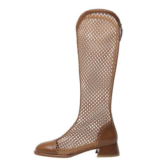 Women's Chunky Heel Square Toe Mesh Tall Boots Back Zip - Mubimart