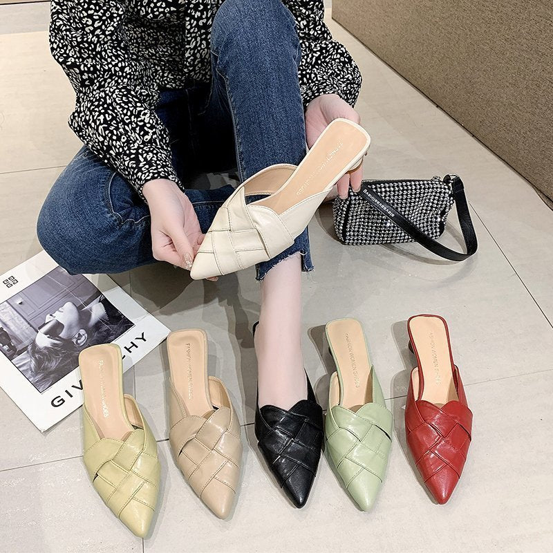 Pointed Soft Leather Sandals Women's Mid-heel Mules