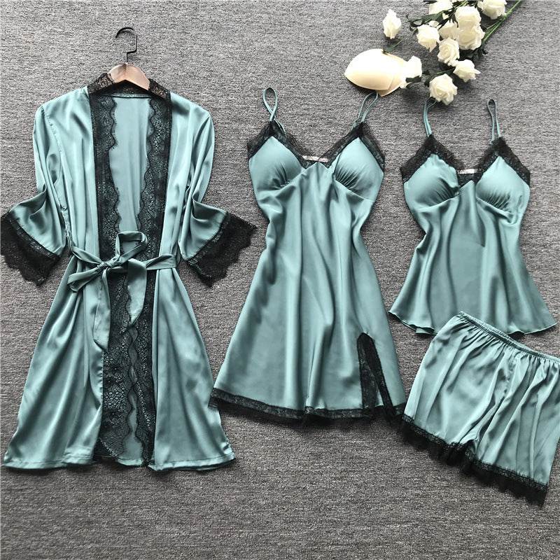 Silk pajama four piece set - Mubimart