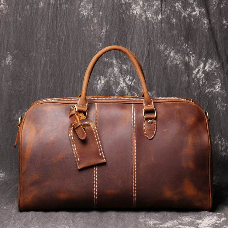 Men's Leather Hand Travel One Shoulder Crossbody Duffel Bag - Mubimart