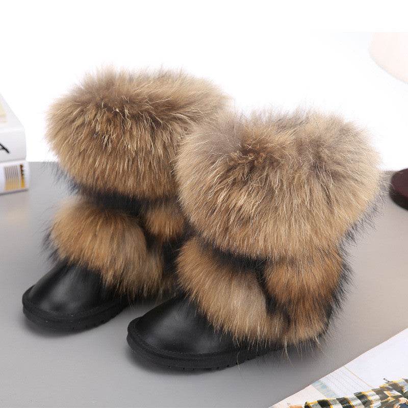 Women's Winter Mid-calf Fox Fur Snow Boots - Mubimart