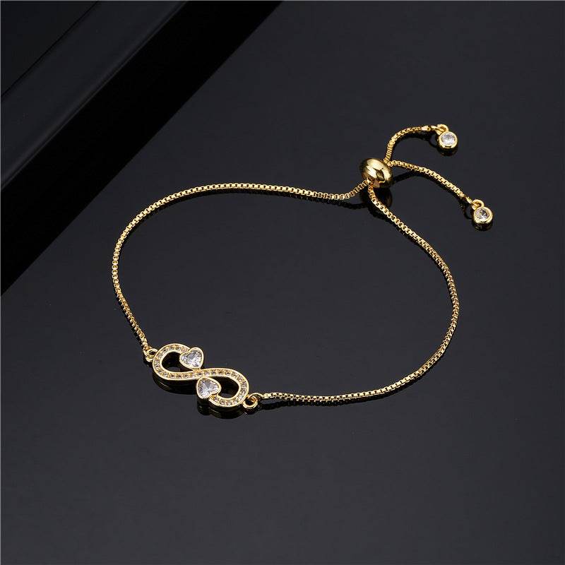 Pull Adjustable Brass Micro-set Zircon Heart Infinity Charm Bracelet Women - Mubimart
