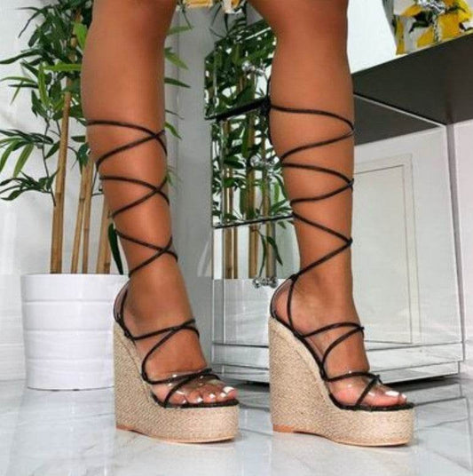 Roman sandal wedge with high heel strappy shoes - Mubimart