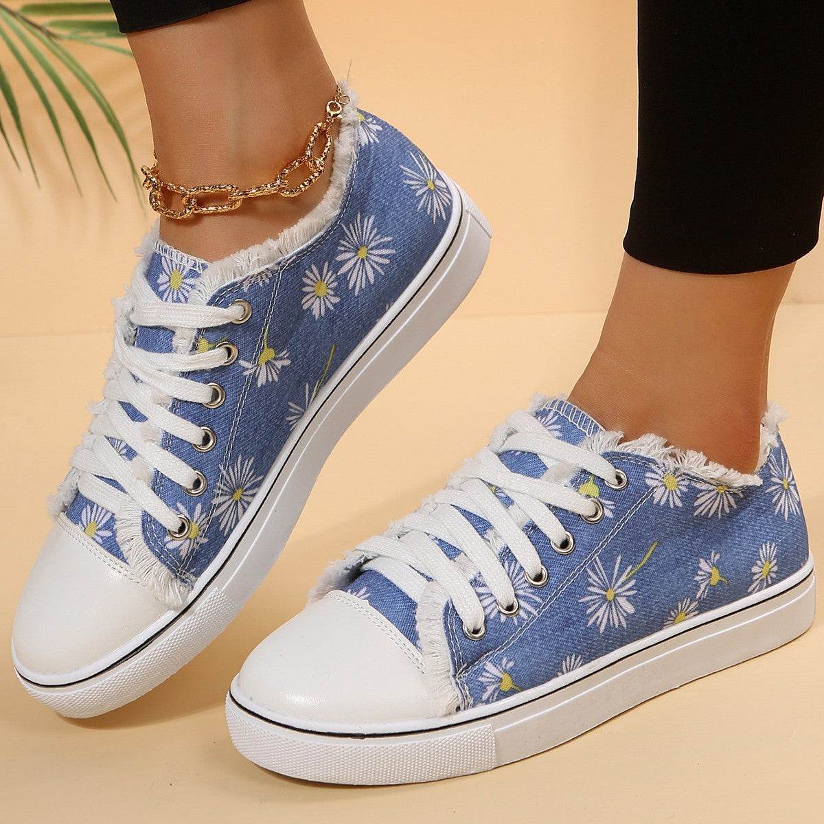 Casual Flat Canvas Shoes Flowers Lace-up Flowers Print Loafers Women Walking Shoes - Mubimart
