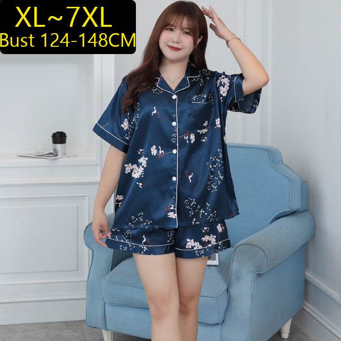 Summer Plus Size Ladies Ice Silk Short Sleeve Pajama Set - Mubimart