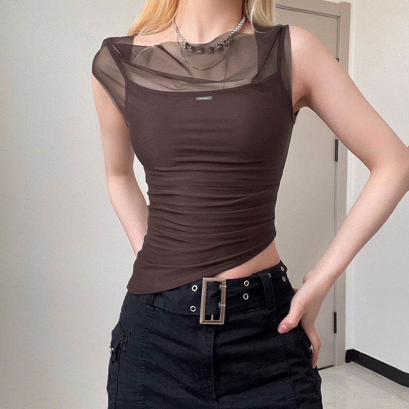 Mesh Spliced Irregular Strap Tank Top For Women - Mubimart