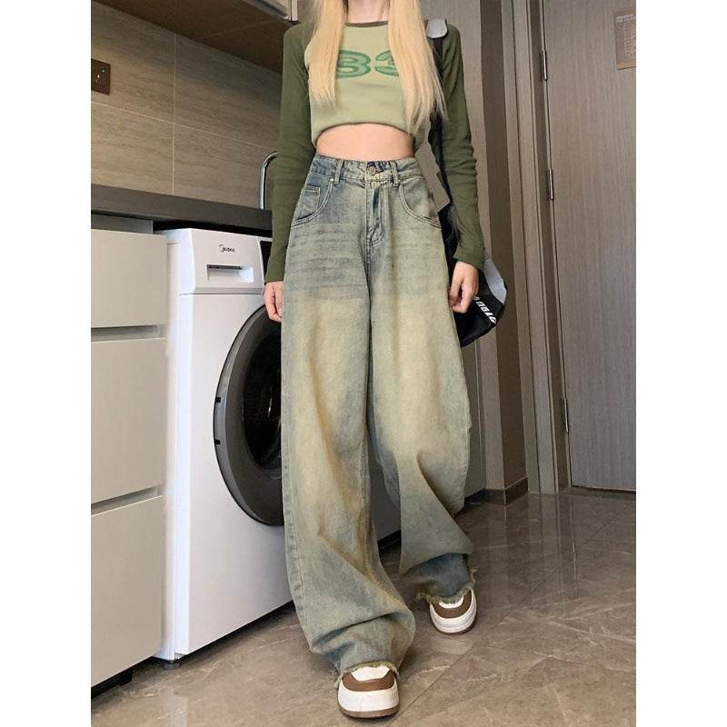 Retro Blue Distressed Wide-leg Jeans For Women - Mubimart