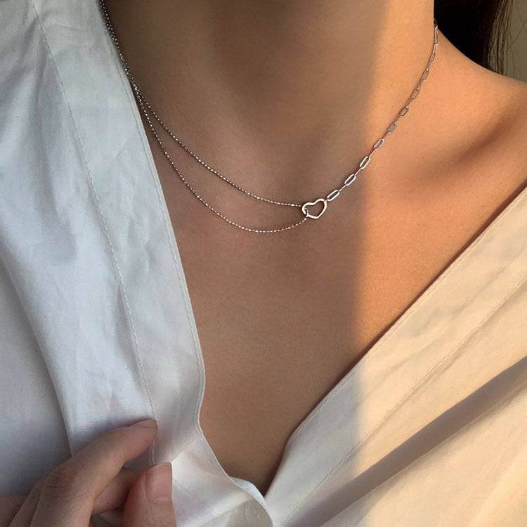 Heart Asymmetrical Chain Silver Necklace For Women - Mubimart