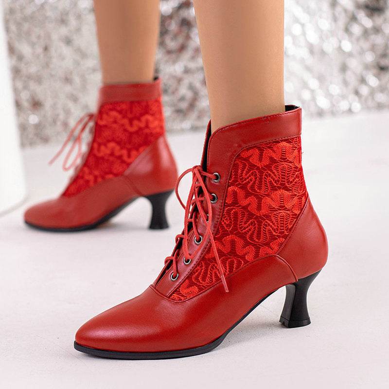 Kitten Heel Booties Women's Autumn And Winter Lace Hollow-out Front Lace-up - Mubimart