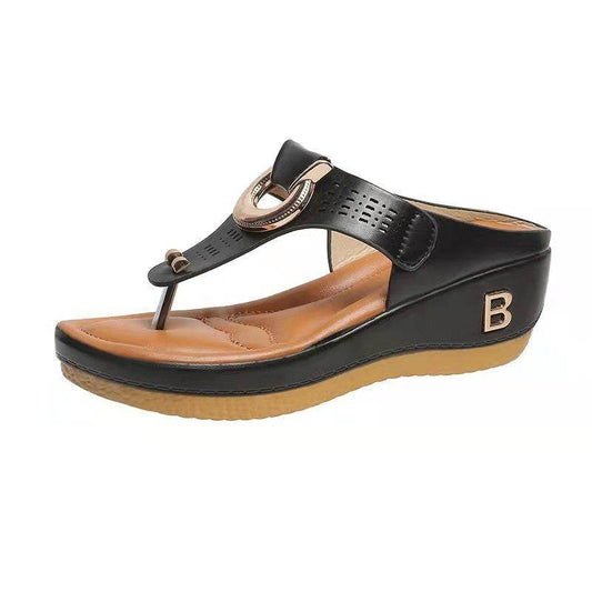Thong Sandals Women High Heel Wedges Shoes Flip Flops Metal Decorative Slides Slippers - Mubimart