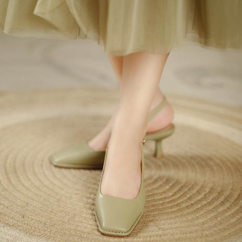Classic Style Square Head Kitten Heel French Toe Cap Slingback Sandals - Mubimart